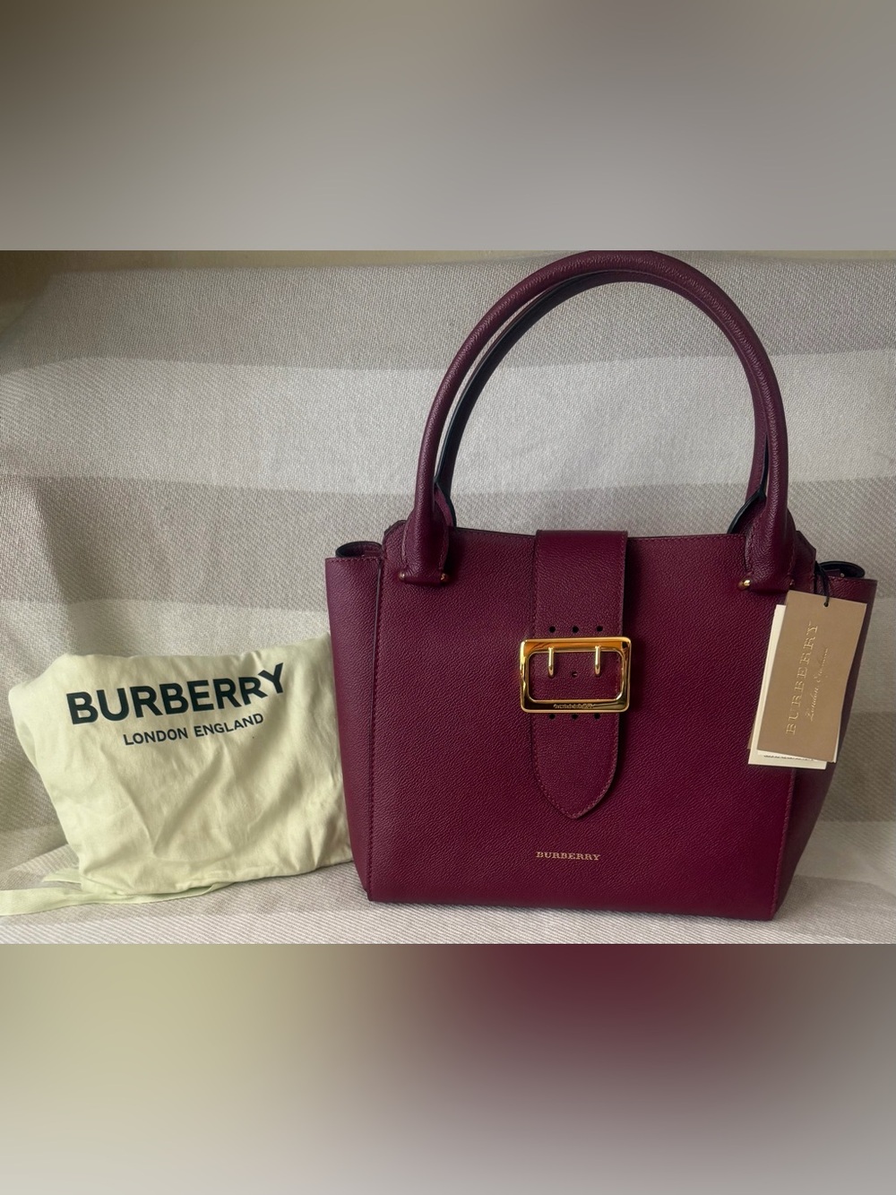 Burberry Burgundy Leather Top-Handle Satchel with Check Strap - Picture 4 of 12